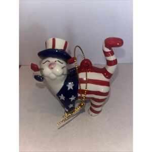Whimsiclay Amy Lacombe Cat Yankee Doodle Kitty Ornament Red White Blue 10505 '01